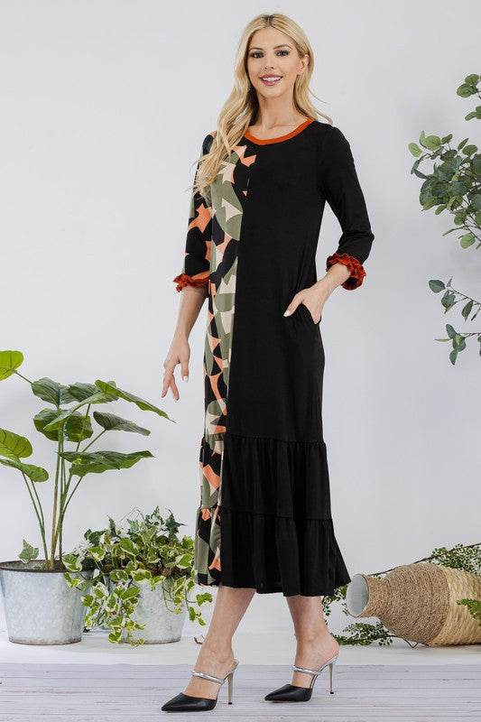 Celeste Full Size Color Block Midi Dress Plus Size - Hovatok