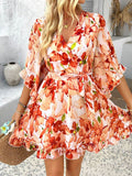 Devine Printed Surplice Ruffled 3/4 Sleeve Mini Dress - Hovatok