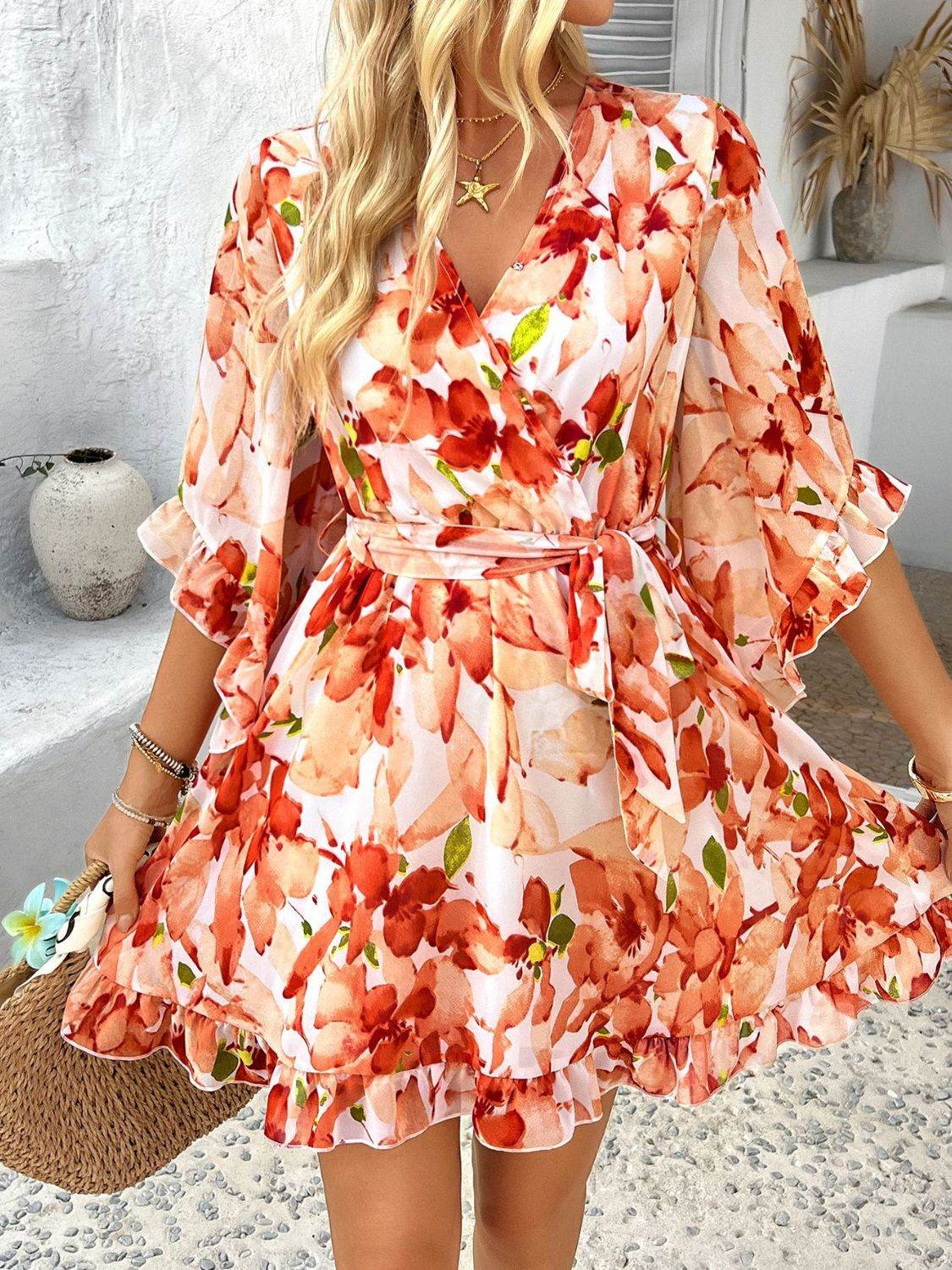 Devine Printed Surplice Ruffled 3/4 Sleeve Mini Dress - Hovatok