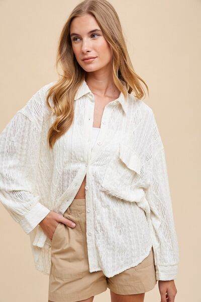 Annie Wear Openwork Button Down Drop Shoulder Shirt - Hovatok