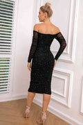 Long Sleeve Off-Shoulder Ruched Dress - Hovatok
