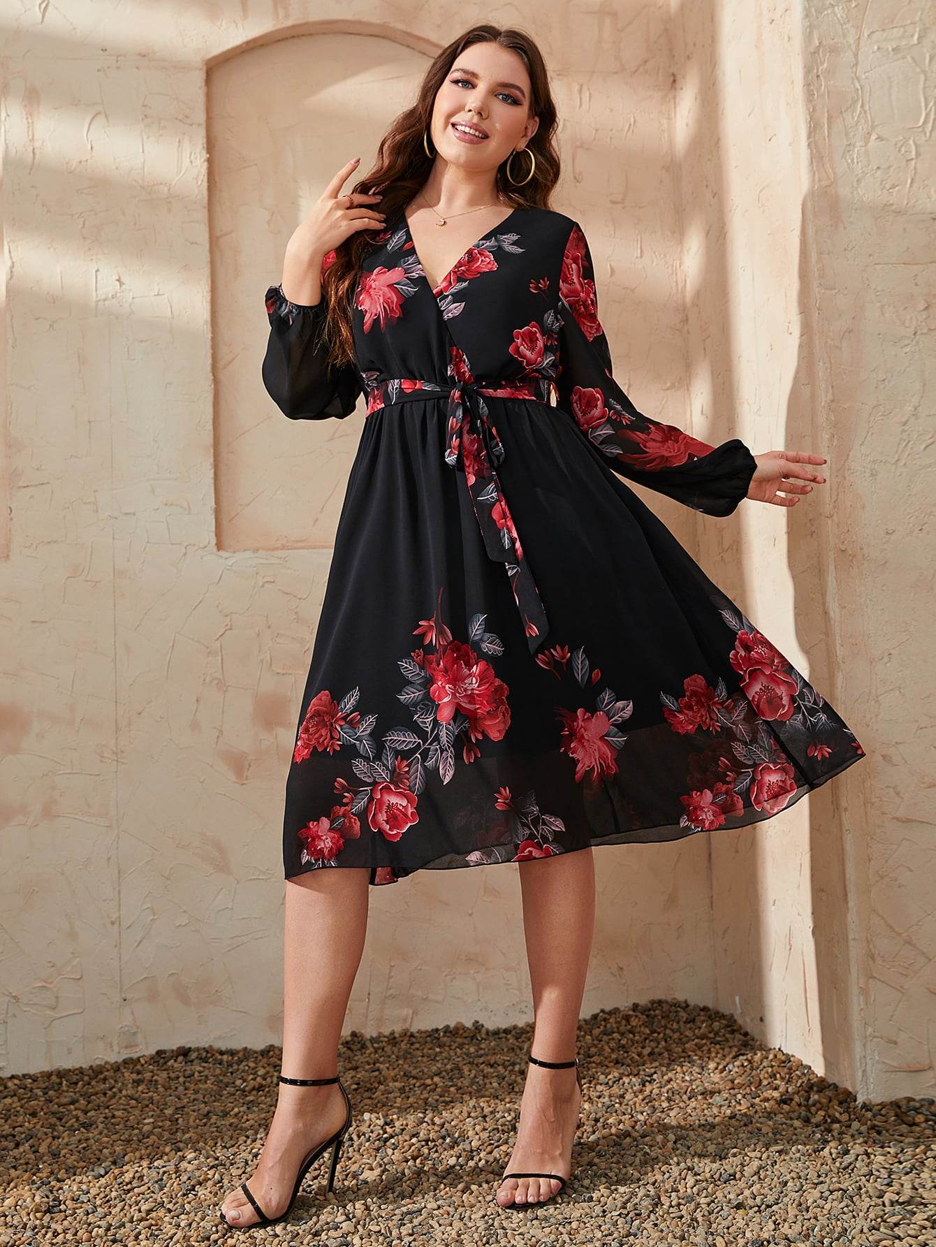 Honey Plus Size Floral Surplice Neck Tie Waist Dress - Hovatok