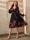 Honey Plus Size Floral Surplice Neck Tie Waist Dress - Hovatok