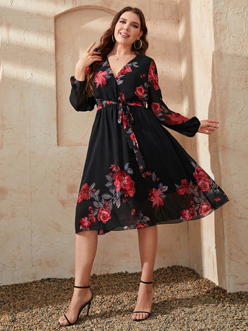 Honey Plus Size Floral Surplice Neck Tie Waist Dress - Hovatok