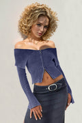 Double Take Ribbed Off-Shoulder Zip Up Long Sleeve Cardigan - Hovatok