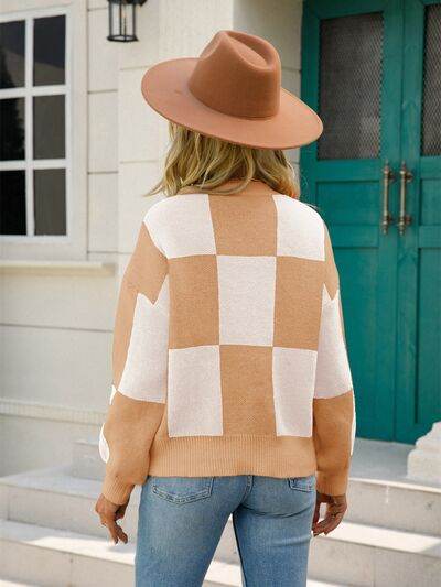 Angel Wings Checkered Round Neck Dropped Shoulder Sweater - Hovatok