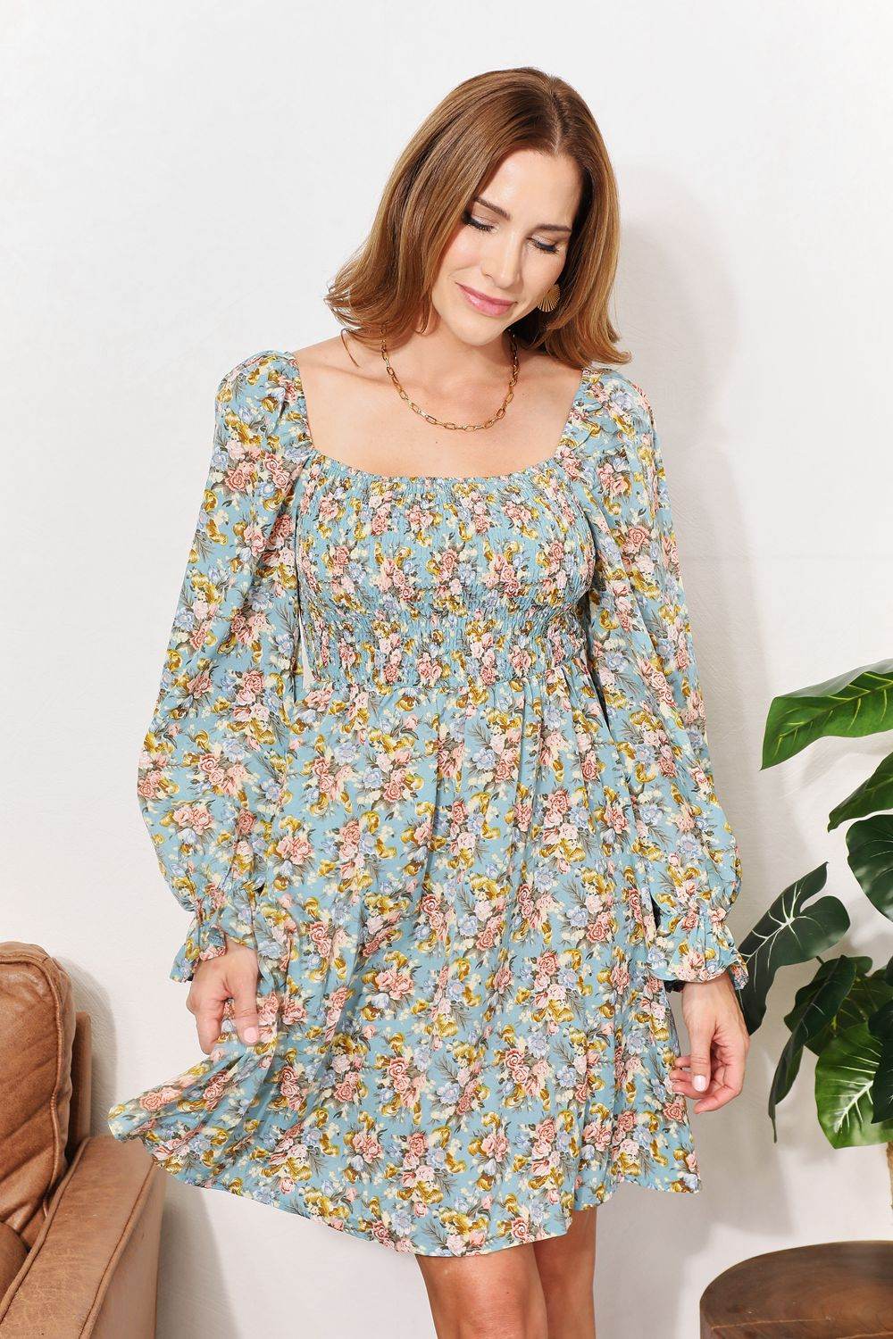 Honey Floral Smocked Flounce Sleeve Square Neck Dress - Hovatok