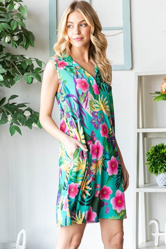 Heimish Full Size Floral Johnny Collar Sleeveless Dress Plus Size - Hovatok