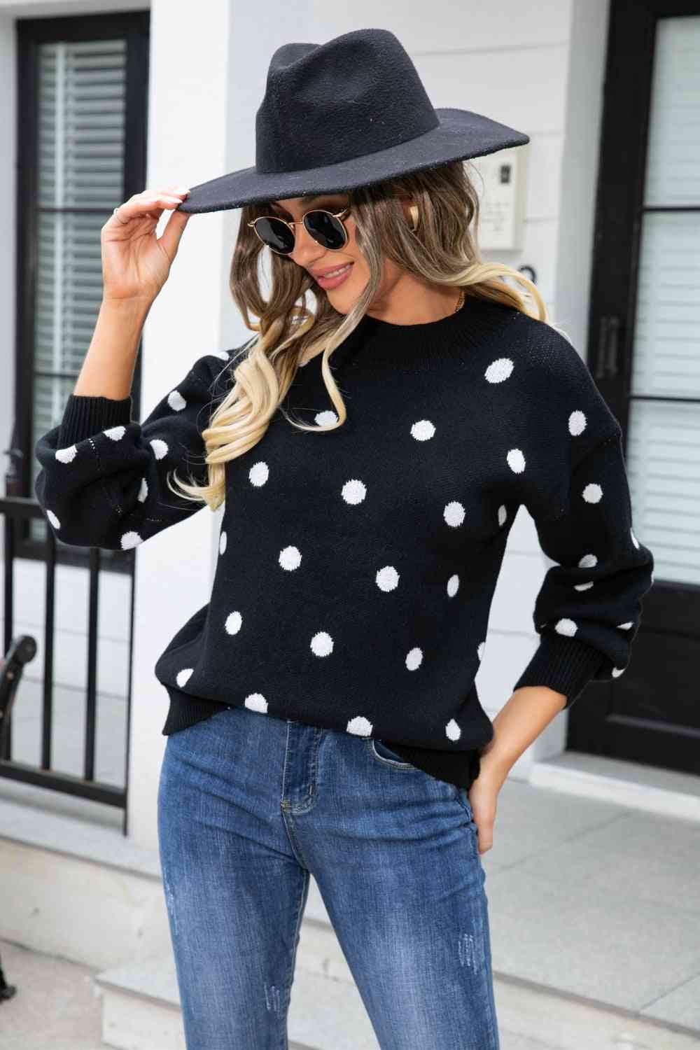 Angel Wings Woven Right Polka Dot Round Neck Dropped Shoulder Sweater - Hovatok