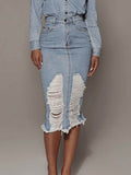 Distressed Slit Denim Skirt - Hovatok