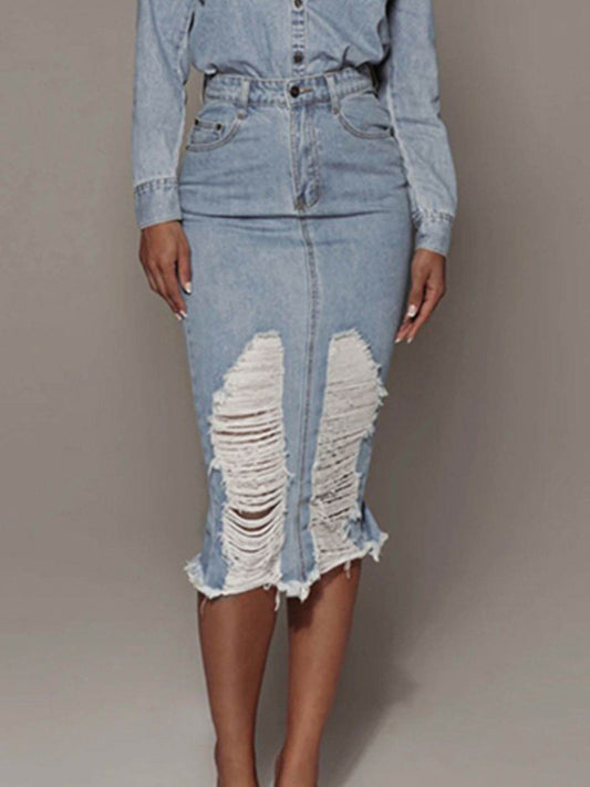 Distressed Slit Denim Skirt - Hovatok