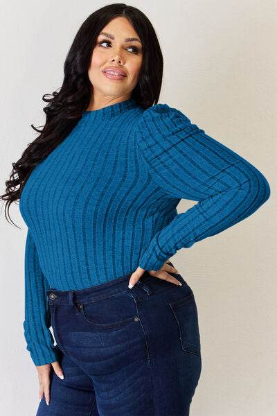 Basic Bae Full Size Ribbed Mock Neck Puff Sleeve T-Shirt - Hovatok