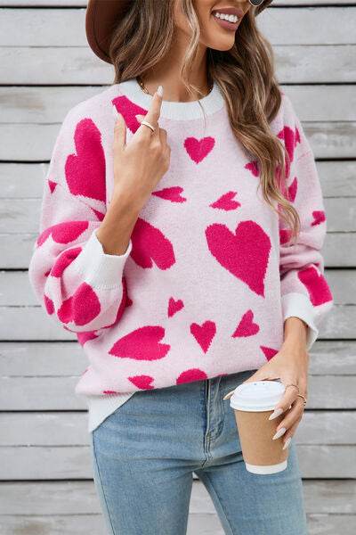 Angel Wings Heart Contrast Round Neck Long Sleeve Sweater - Hovatok