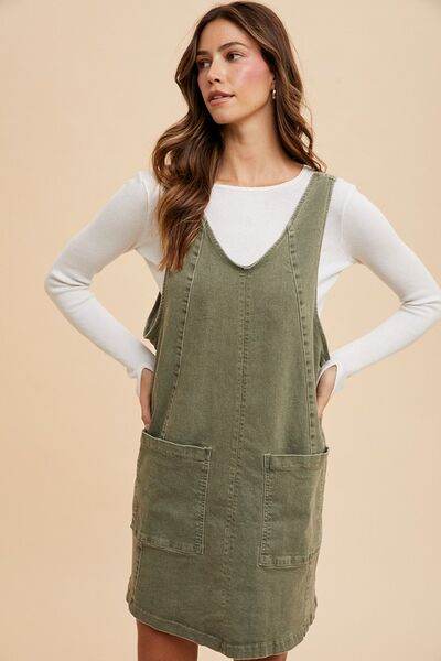 Annie Wear V-Neck Adjustable Strap Denim Overall Dress with Pockets - Hovatok