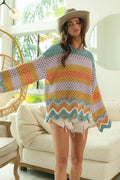 BiBi Wavy Hem Openwork Contrast Round Neck Sweater - Hovatok