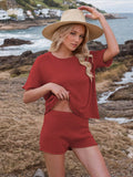 Round Neck Short Sleeve Top and Shorts Sweater Set - Hovatok