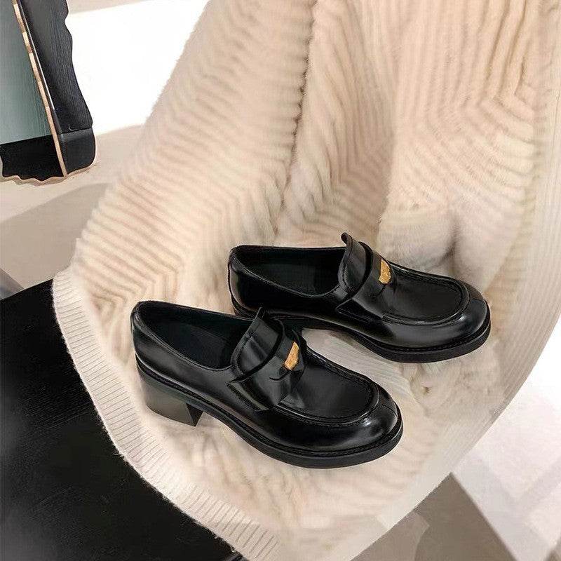 Round Toe Block Heel Loafers - Hovatok