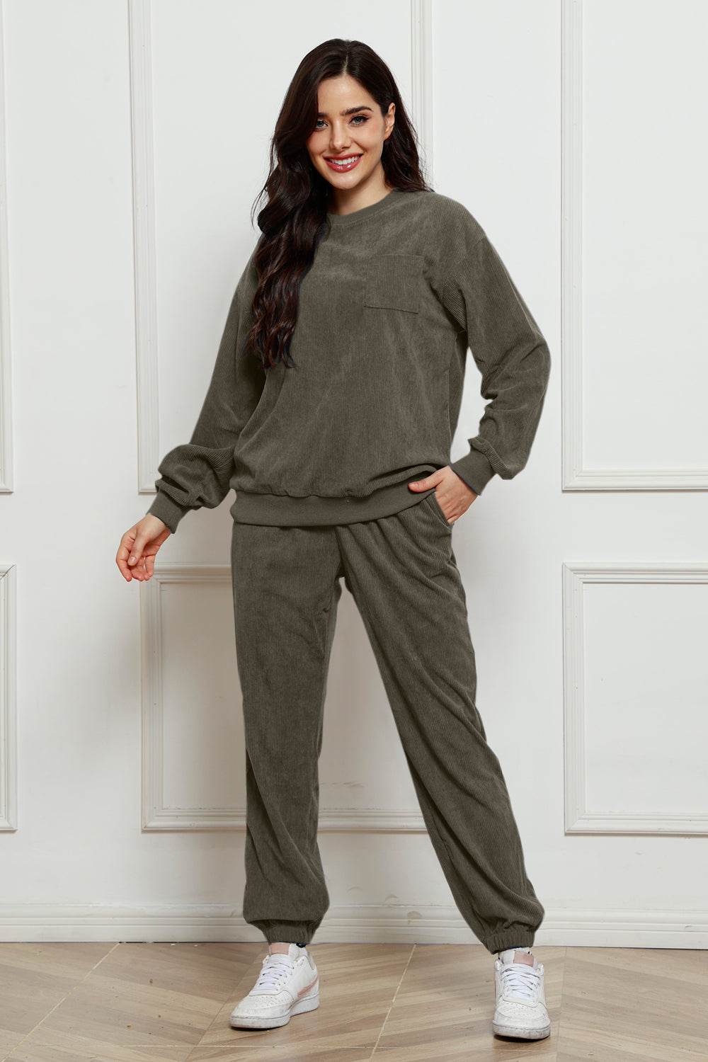 Corduroy Round Neck Sweatshirt and Sweatpants Set - Hovatok