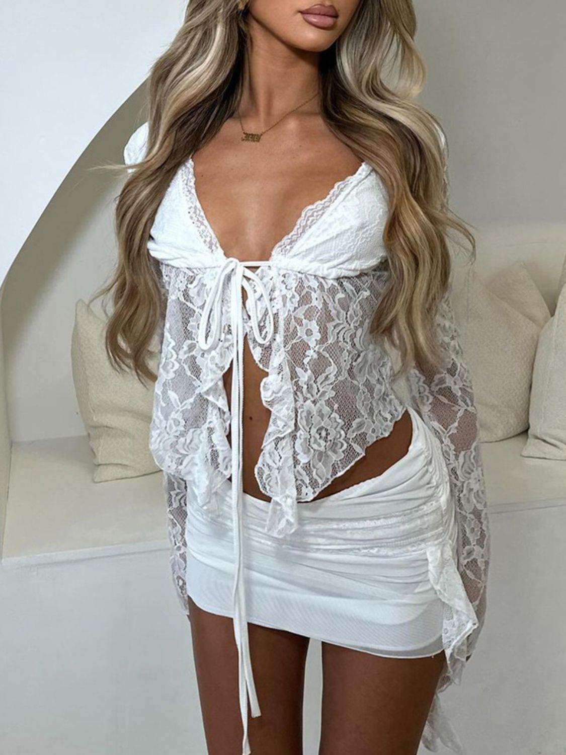 Devine Tied Front Ruffled Long Sleeve Lace Shirt - Hovatok