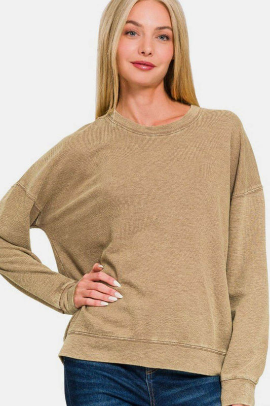 Zenana Washed Round Neck Dropped Shoulder Sweatshirt - Hovatok