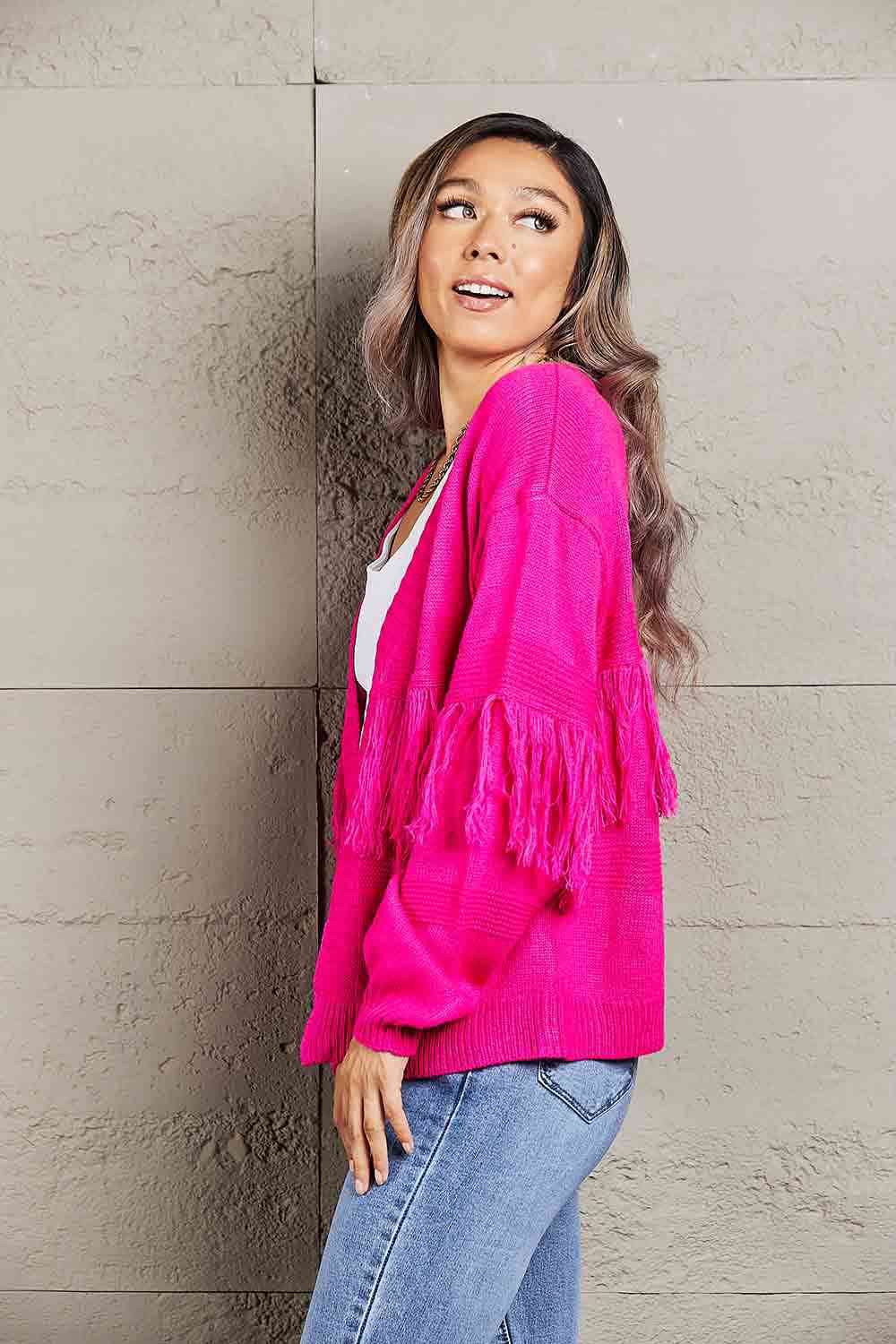 Angel Wings Fringe Trim Open Front Cardigan - Hovatok