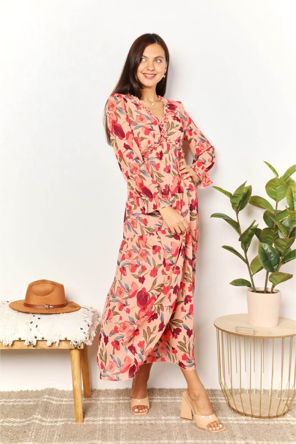 Double Take Floral Frill Trim Flounce Sleeve Plunge Maxi Dress - Hovatok