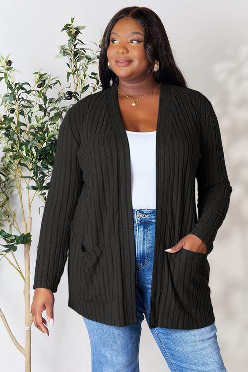 Basic Bae Full Size Ribbed Open Front Cardigan with Pockets - Hovatok