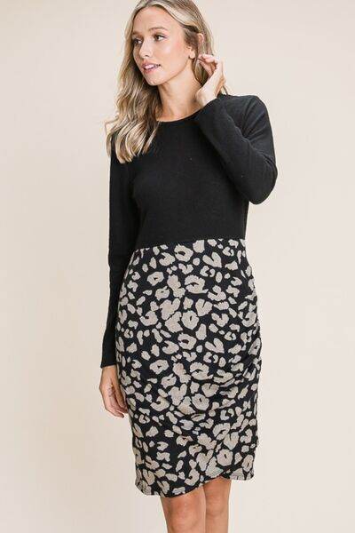 BOMBOM Leopard Color Block Knit Dress - Hovatok