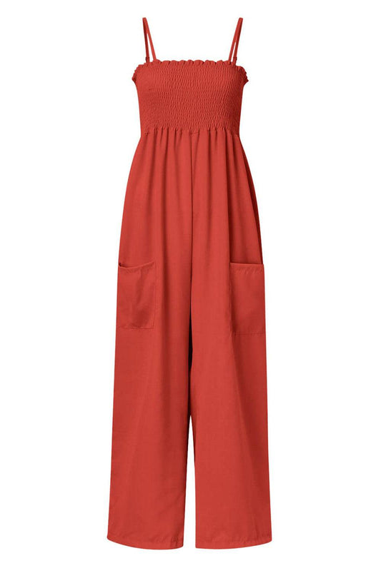 Smocked Spaghetti Strap Wide Leg Jumpsuit - Hovatok
