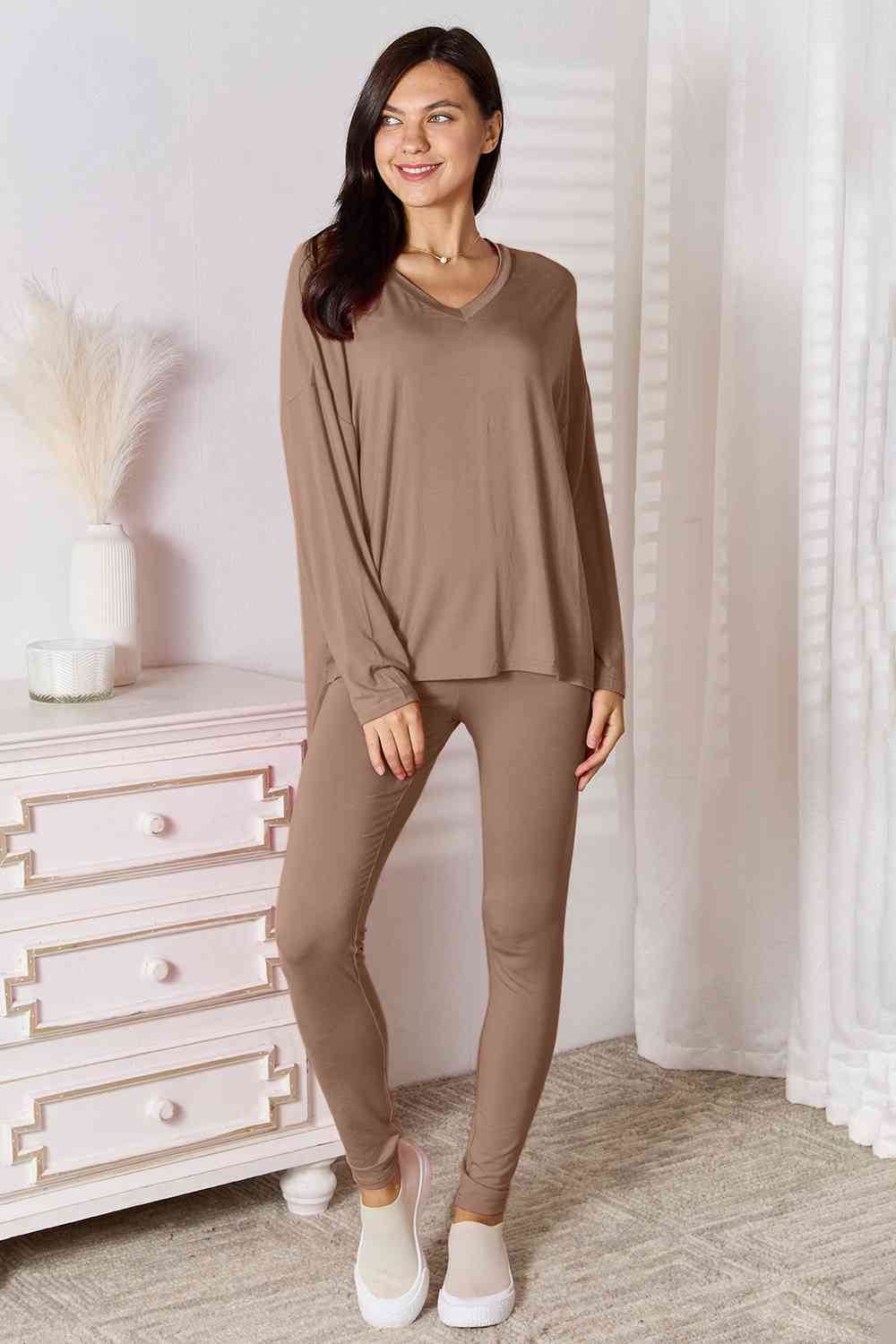 Basic Bae Full Size V-Neck Soft Rayon Long Sleeve Top and Pants Lounge Set - Hovatok