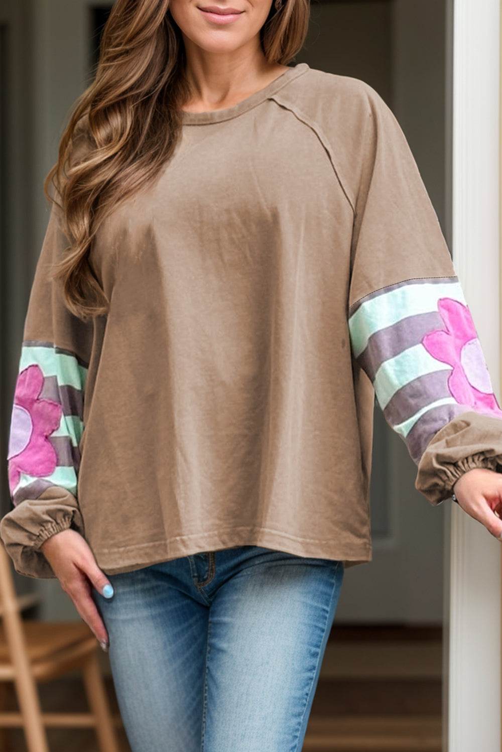 Plus Size Flower Round Neck Long Sleeve Blouse - Hovatok
