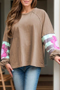 Plus Size Flower Round Neck Long Sleeve Blouse - Hovatok