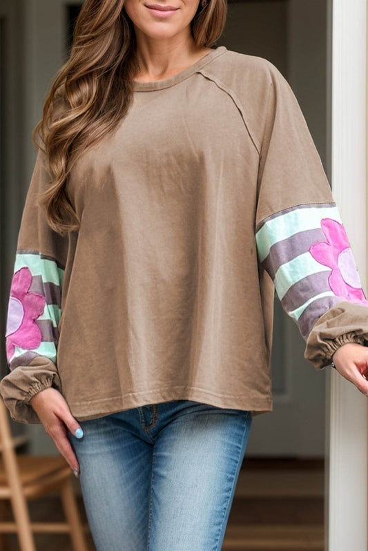 Plus Size Flower Round Neck Long Sleeve Blouse - Hovatok