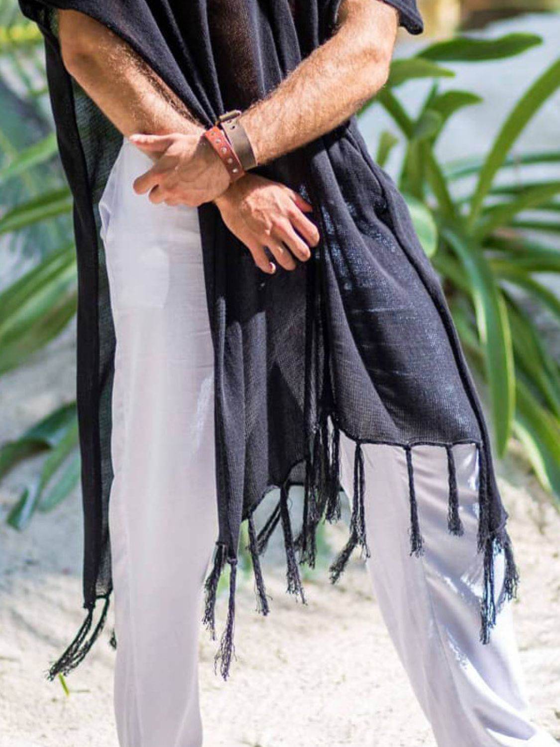 Men's Full Size Fringe V-Neck Half Sleeve Cover Up Plus Size - Hovatok
