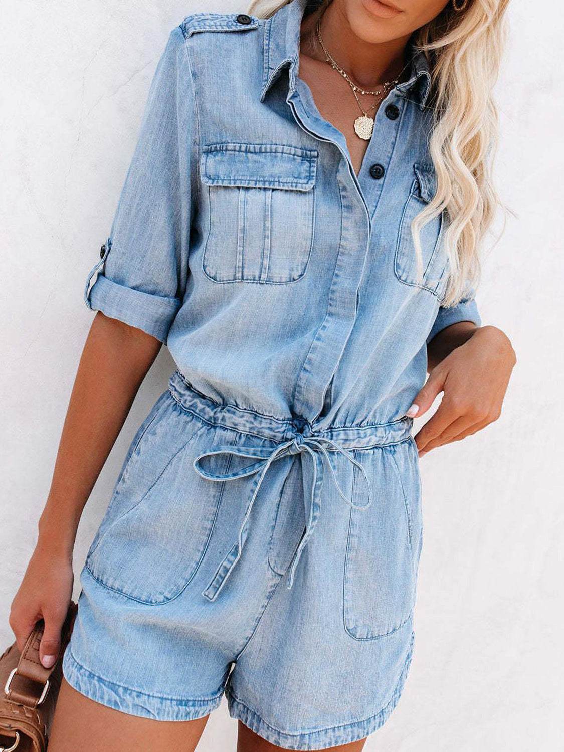 Drawstring Half Button Half Sleeve Denim Romper - Hovatok