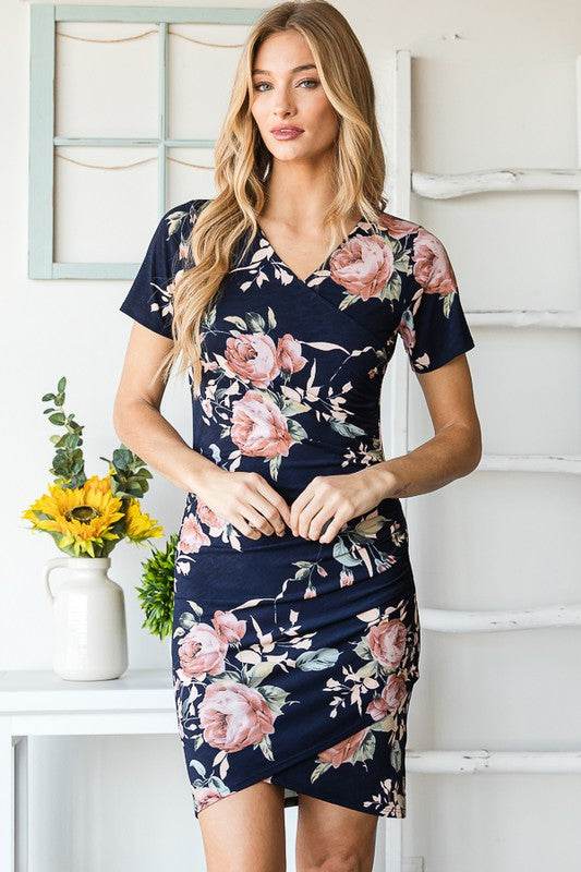 Heimish Full Size Ruched Floral Mini Dress Plus Size - Hovatok