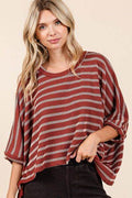Mittoshop Texture Striped Print Round Neck Dolman Sleeve Top - Hovatok