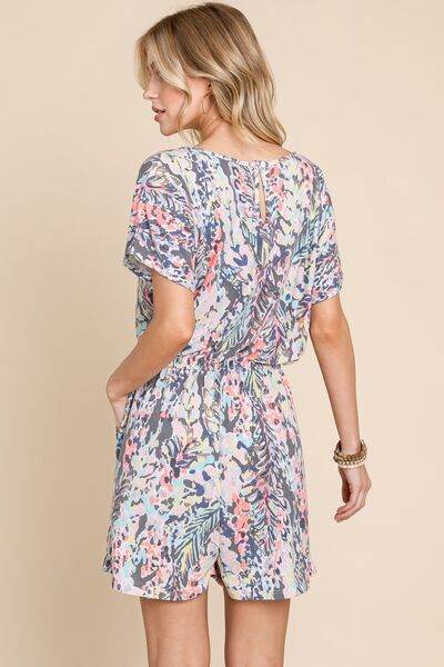 BOMBOM Printed Short Sleeve Drawstring Romper - Hovatok