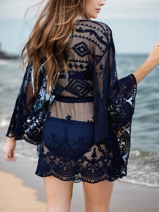 Lace V-Neck Three-Quarter Sleeve Cover Up - Hovatok