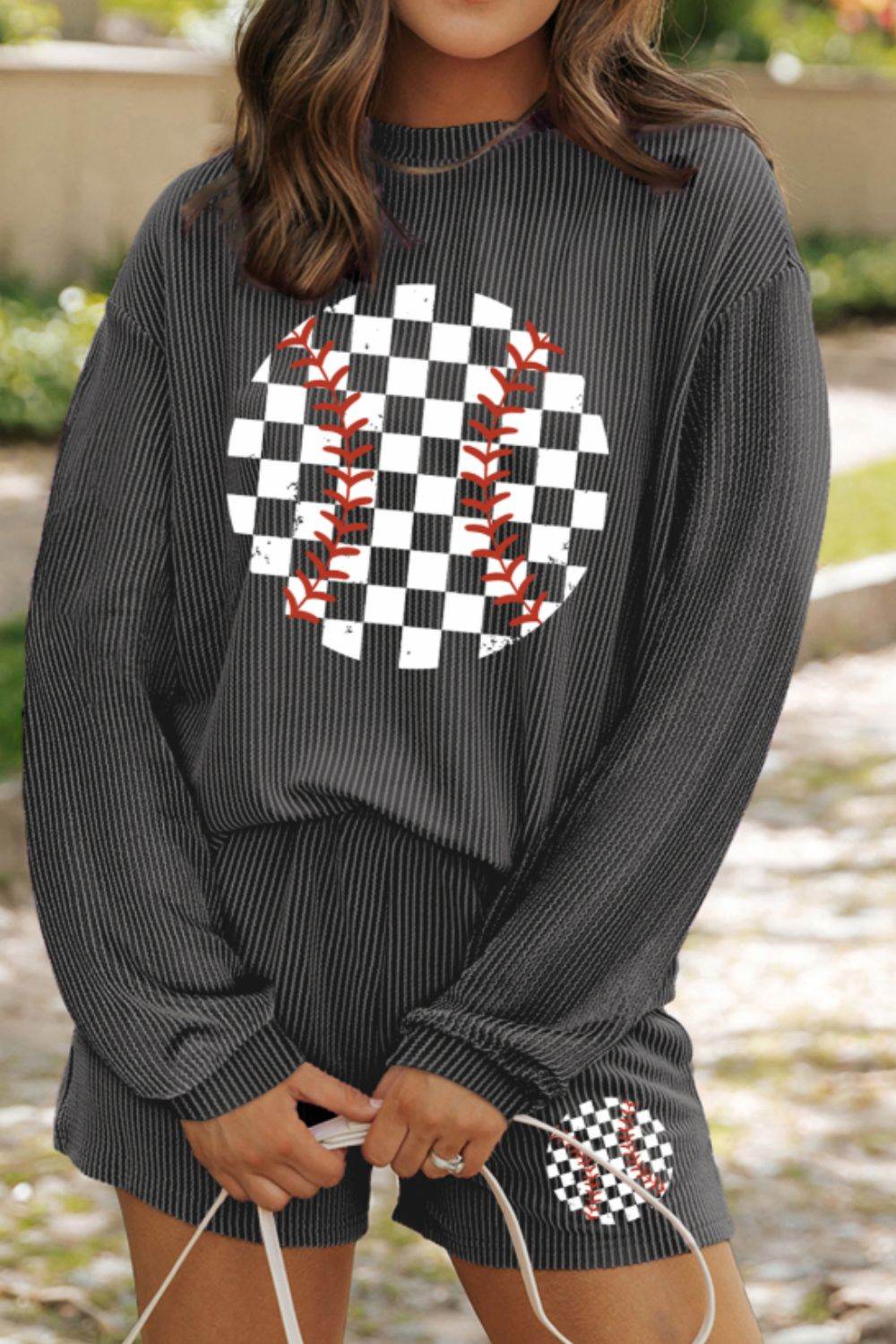 Corded Checkerboard Baseball Graphic Long Sleeve Top and Shorts Set - Hovatok