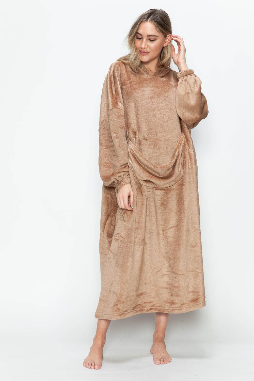 Double Take Full Size Pocketed Hooded Midi Lounge Dress - Hovatok