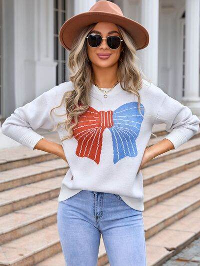 Angel Wings Bow Round Neck Dropped Shoulder Sweater - Hovatok