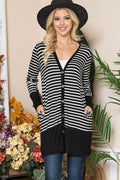 Celeste Full Size Striped Button Up Long Sleeve Cardigan Plus Size - Hovatok