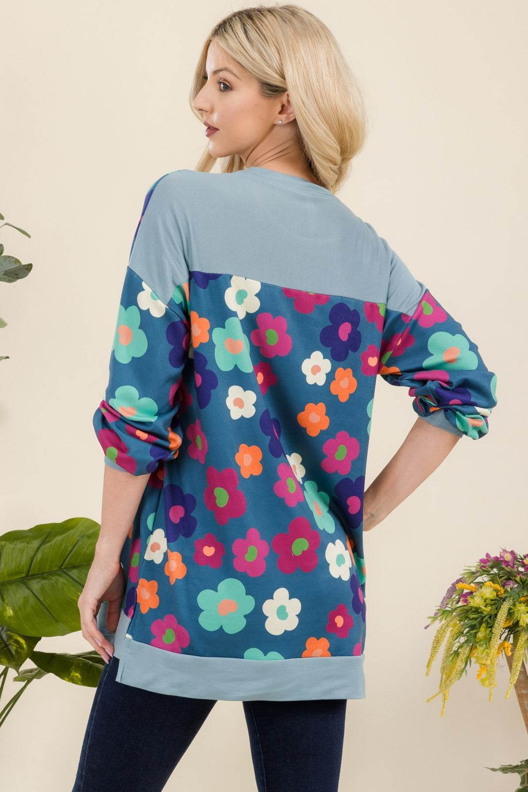 Celeste Full Size Side Slit Flower Print Long Sleeve Top - Hovatok