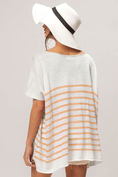 BiBi V Neck Striped Short Sleeve Top - Hovatok