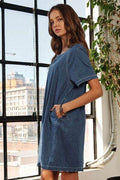 ADORA Raw Hem Mini Denim Dress with Pockets - Hovatok