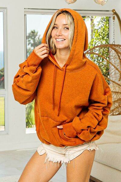 BiBi Ruched Long Sleeve Washed Fleece Hoodie - Hovatok