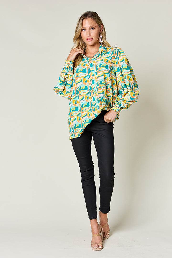 Double Take Full Size Printed Smocked Long Sleeve Blouse - Hovatok