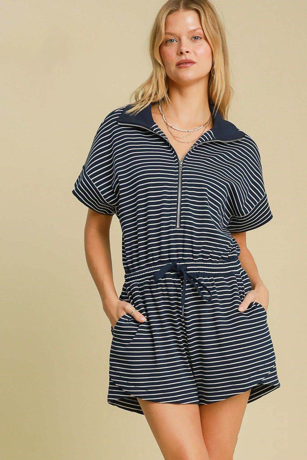 Umgee Full Size Half Zip Striped Romper Plus Size - Hovatok