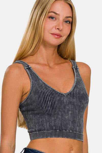 Zenana Washed Ribbed Cropped V-Neck Tank - Hovatok